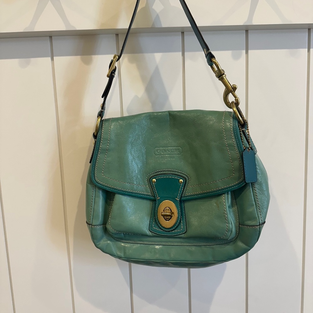 Coach handbag, turquoise with brass hardware